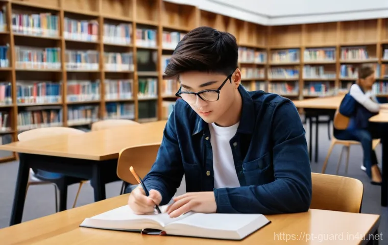 경비지도사 시험 준비에 적합한 장소 - **Quiet Library Study Scene**
A young person, appearing around 16-18 years old, is fully clothed...