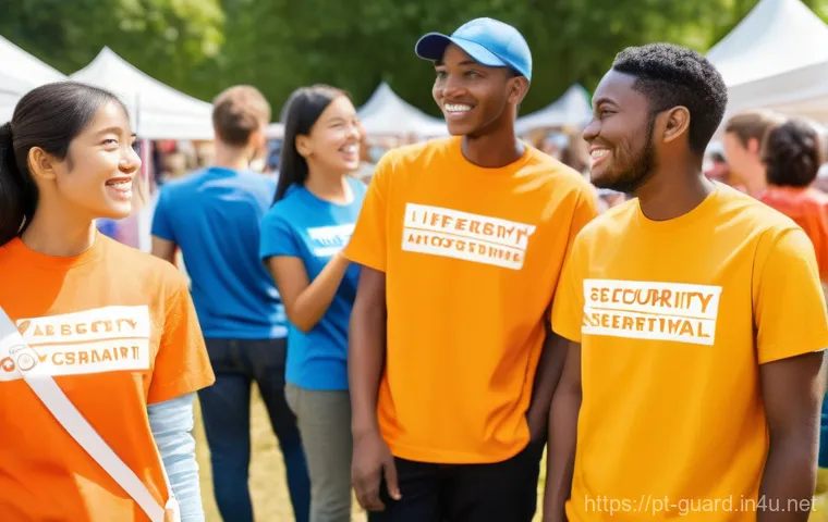 경비지도사 실무 경험 쌓는 방법 - **Prompt: Volunteering at a Community Event**
    A wide-angle, realistic photo of a diverse group o...
