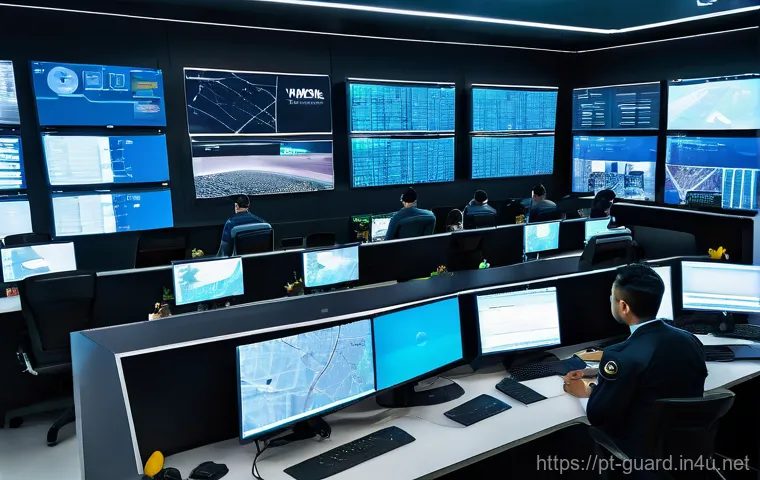 경비지도사 관련 법 개정 소식 - A high-tech, futuristic security control center in a bustling Brazilian city. Diverse, professional ...