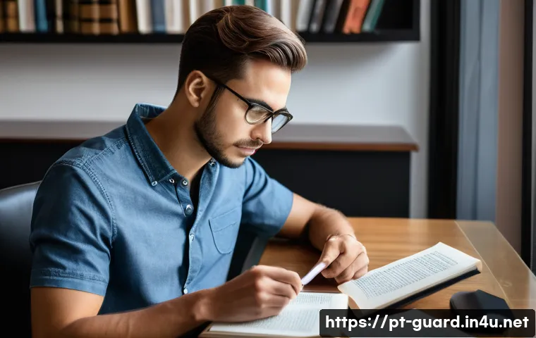 경비지도사 시험 중 필수 암기 사항 - **Prompt:** A focused young adult, either male or female, diligently studying a large book titled "L...