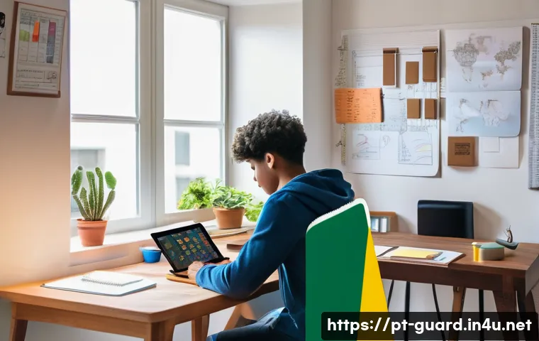 경비지도사 시험 난이도 높은 과목 공략법 - A focused study environment showing a young adult student sitting at a modern desk in a cozy room de...