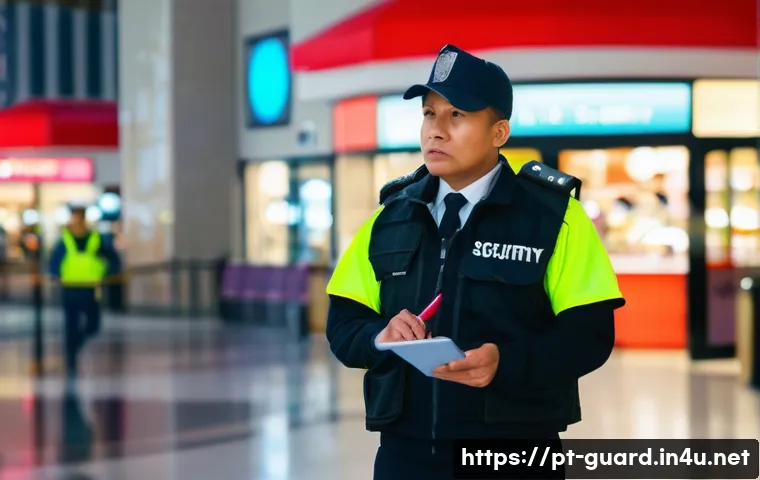 경비지도사와 경비원 차이점 - A professional security guard wearing a high-visibility reflective vest and dark uniform with a radi...