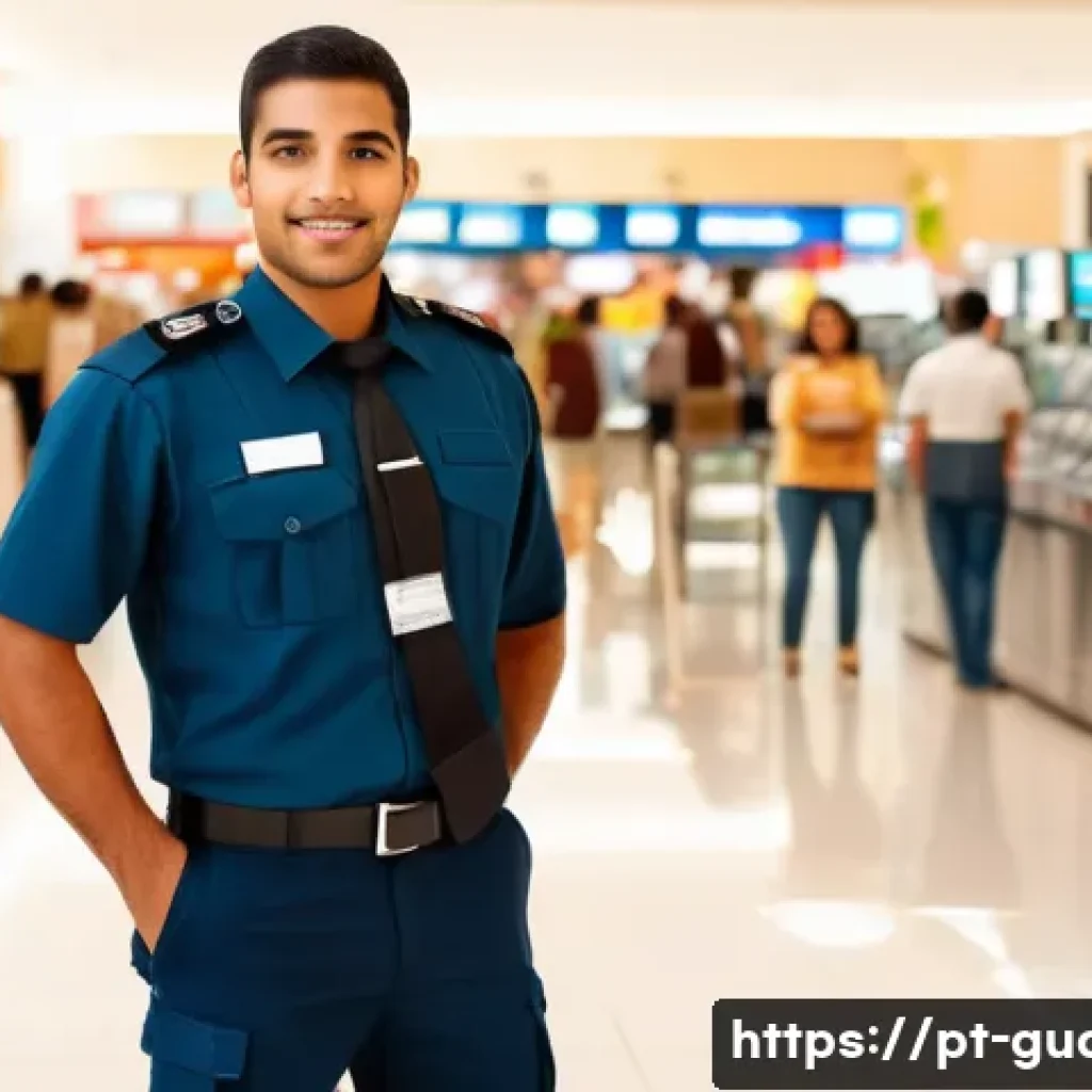 경비지도사로서의 커뮤니케이션 스킬 - A professional security agent in a modern Brazilian shopping mall, wearing a neat uniform with a vis...