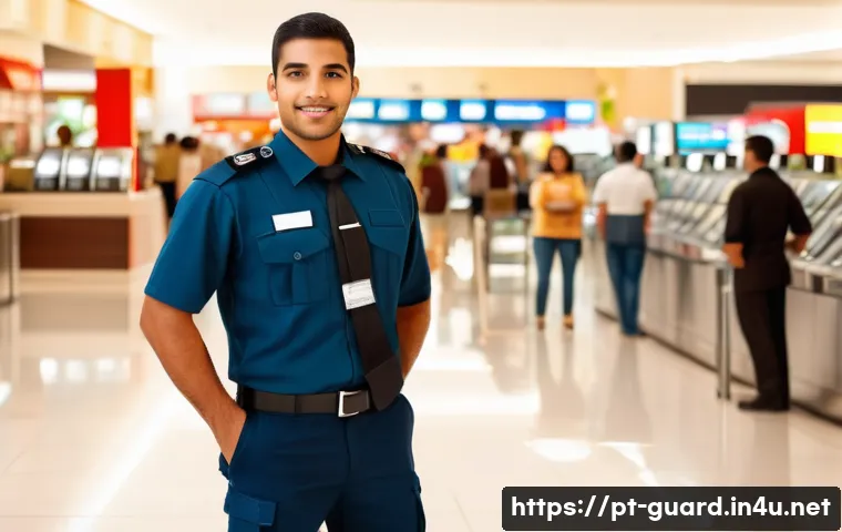 경비지도사로서의 커뮤니케이션 스킬 - A professional security agent in a modern Brazilian shopping mall, wearing a neat uniform with a vis...