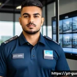 Home 22 경비지도사 자격증의 시장 가치 - A professional private security guard in a modern Brazilian corporate environment, wearing a neat un...