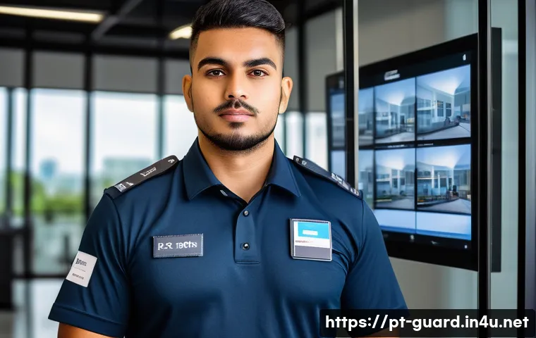 경비지도사 자격증의 시장 가치 - A professional private security guard in a modern Brazilian corporate environment, wearing a neat un...
