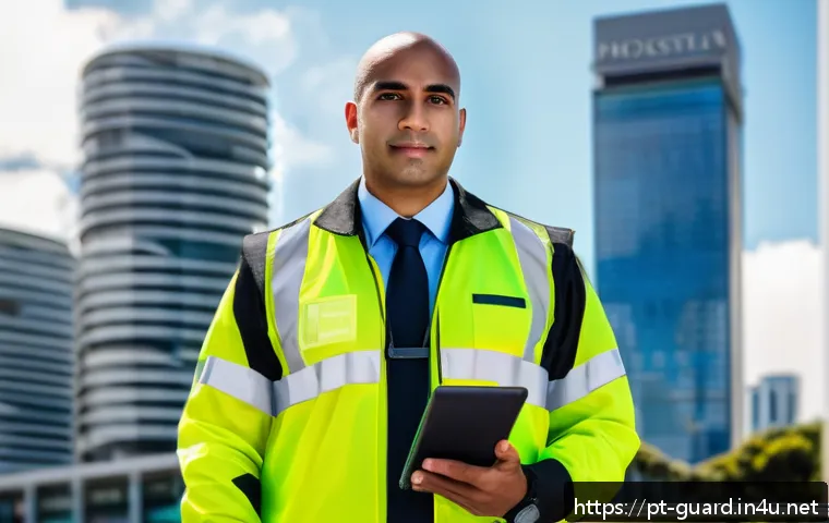 경비지도사 연봉 협상 노하우 - A professional security guard in smart uniform with visible badges and certifications, confidently s...
