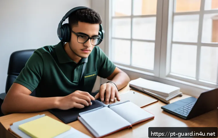 경비지도사 시험 합격을 위한 체크리스트 - A focused study environment for a security guard exam preparation, featuring a tidy desk with organi...