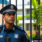 Home 23 경비지도사 초보자를 위한 가이드 - A professional private security guard standing alert at the entrance of a modern residential condomi...