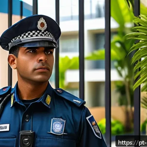 Home 17 경비지도사 초보자를 위한 가이드 - A professional private security guard standing alert at the entrance of a modern residential condomi...