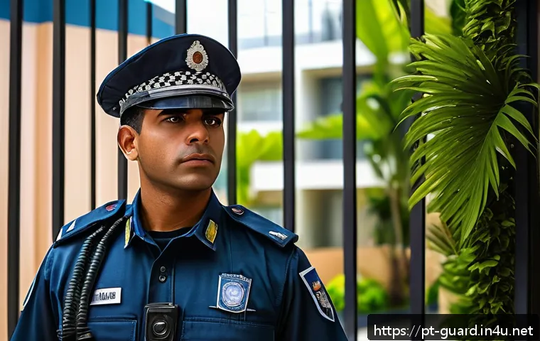 경비지도사 초보자를 위한 가이드 - A professional private security guard standing alert at the entrance of a modern residential condomi...