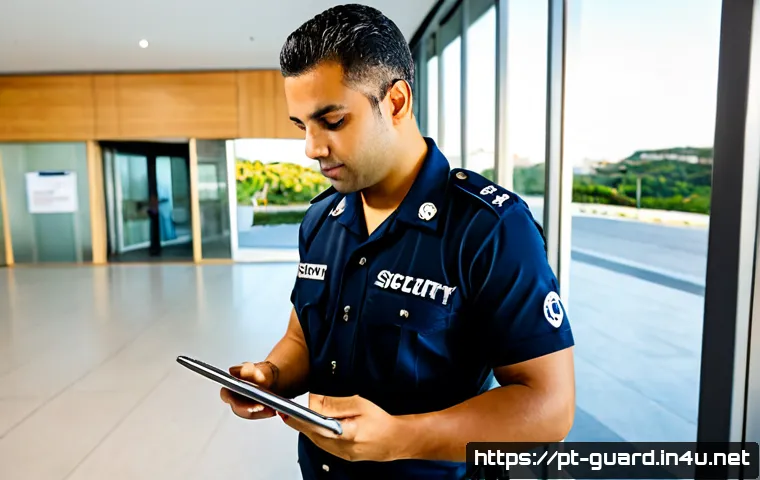 경비지도사 직업의 장단점 - Photorealistic security operations supervisor in a modern Brazilian commercial building lobby, confi...